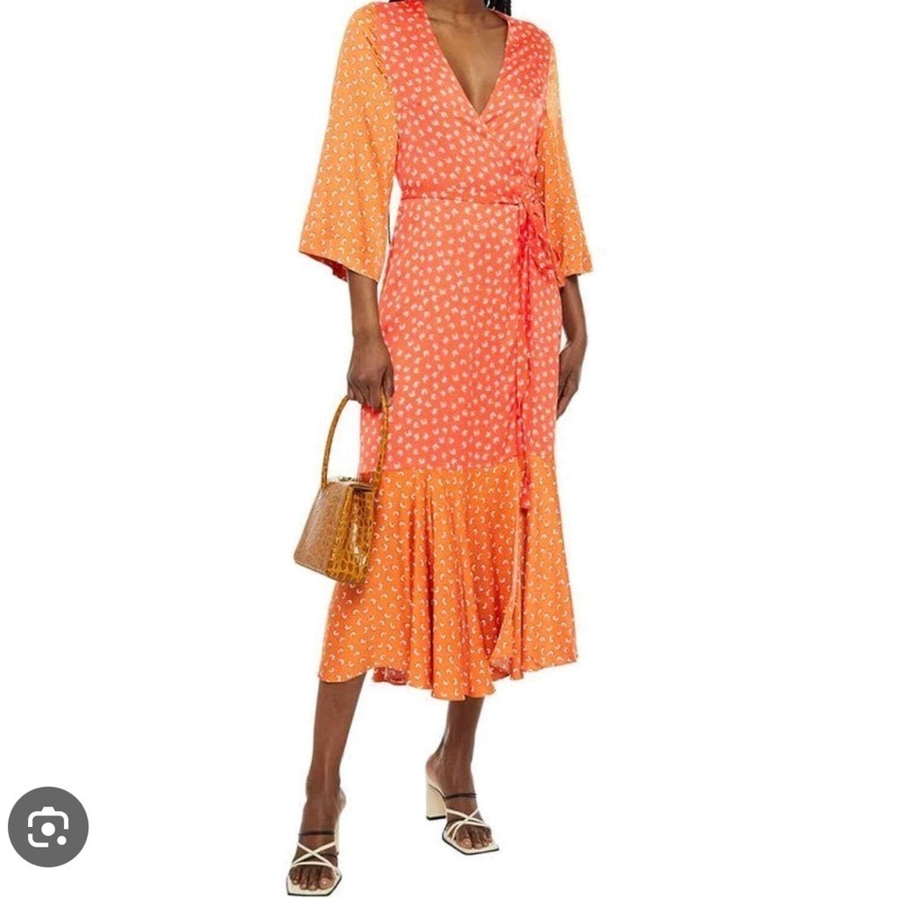 RODEBJER Millie Bell Sleeve Orange Paneled Boho Print Tiered Midi Dress Size L